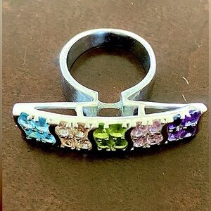 Signed “N” 925 Sterling Silver multi Color Semi-precious Gemstone Ring Size 6